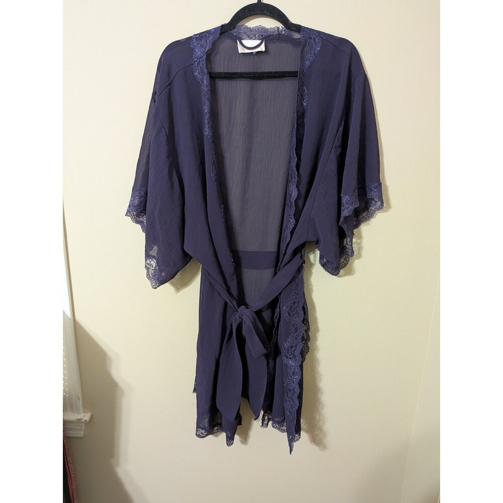 Delicates Vintage Style Deep Purple Sheer Lace Kimono Robe Lingerie Wrap OS